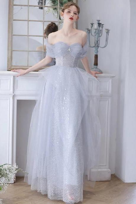 Off Shoulder A-line Tulle Sequin Gray Long Prom Dresses