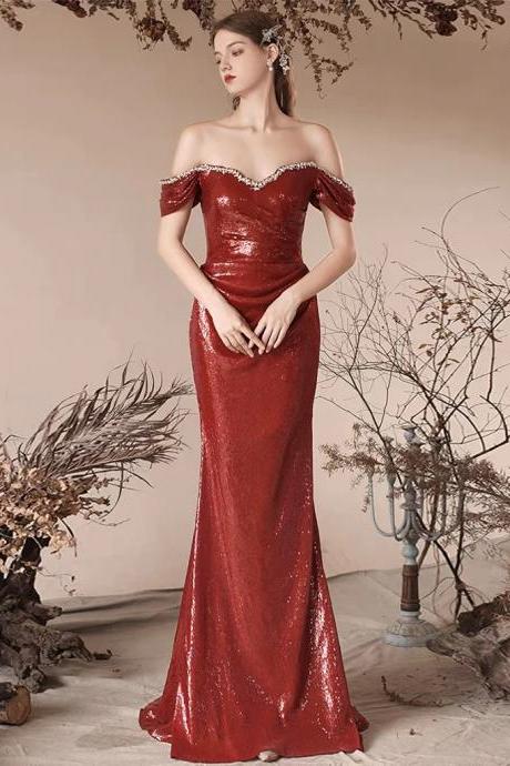 Simple Off Shoulder Sequin Burgundy Long Prom Dresses