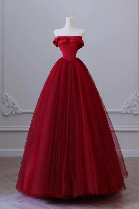Elegant A-line Tulle Burgundy Long Prom Dresses