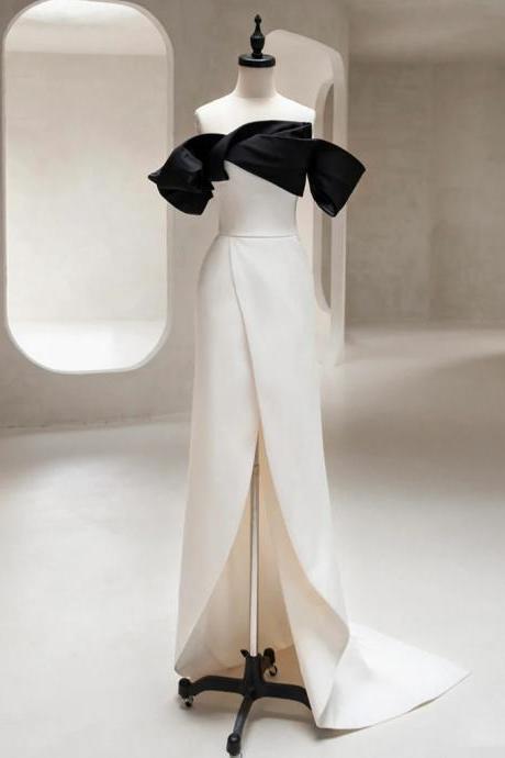 Simple Off Shoulder Satin Black/beige Long Prom Dresses