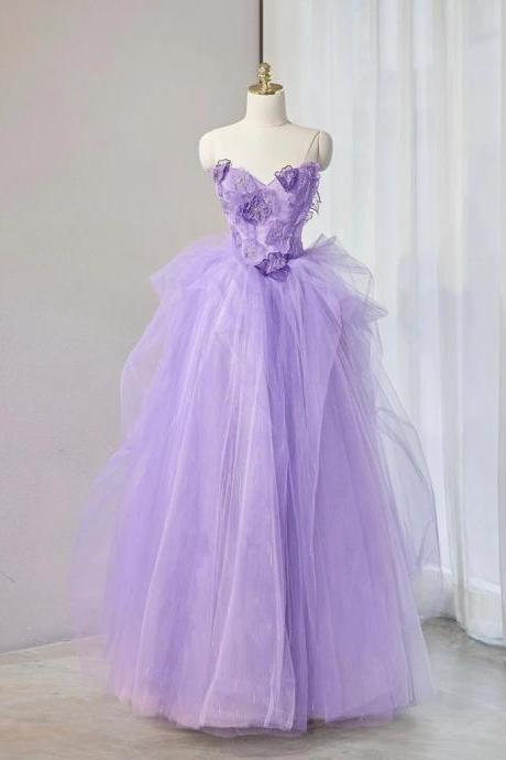 Sweetheart Neck Purple Tulle Applique Long Prom Dress,sweet 16 Dress