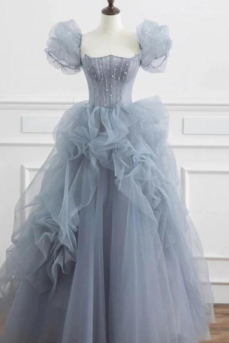 Beautiful Gray Tulle Long Prom Dress With Beading