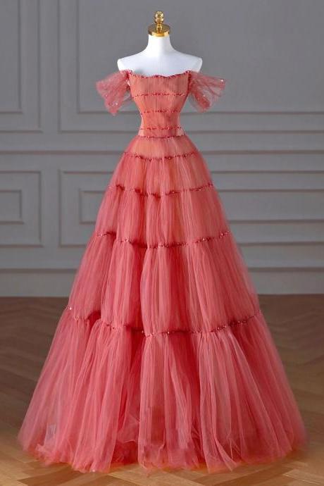 Coral Tiered Tulle Gown With Beaded Accents