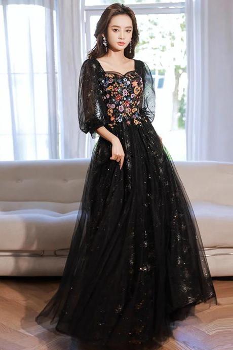 A-line Tulle Lace Black Long Prom Dresses With Long Sleeves
