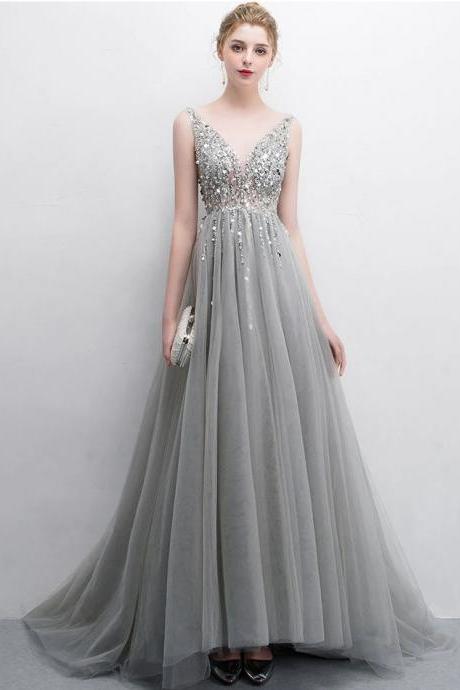 Mermaid Gray V Neck Tulle Prom Dress With Sequin Beading