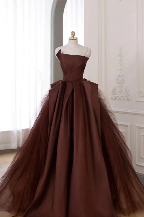Elegant Chocolate Tulle Ball Gown With Asymmetric Bodice