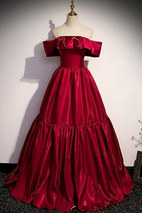Simple Burgundy Off Shoulder Stain Prom Gown