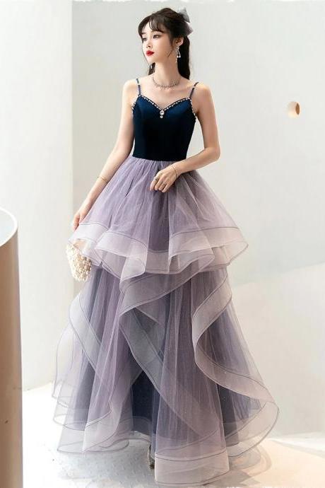 Princess A Line Purple Tulle Prom Dress With Beading