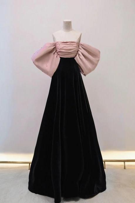 Charming A Line Black/pink Velvet Long Prom Dresses
