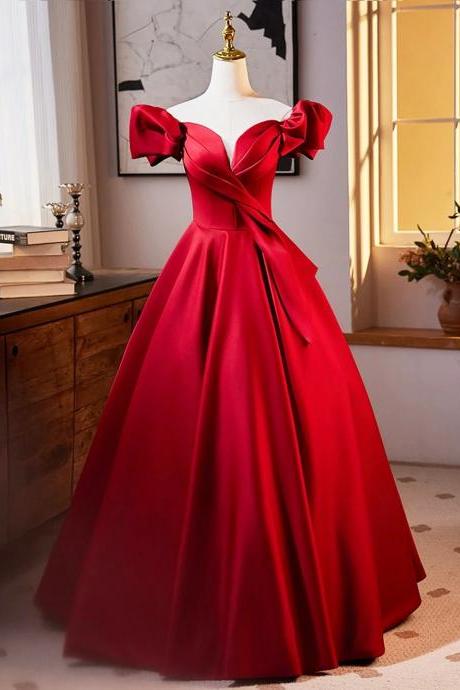 Simple Off The Shoulder A-line Dark Red Satin Formal Evening Dresses