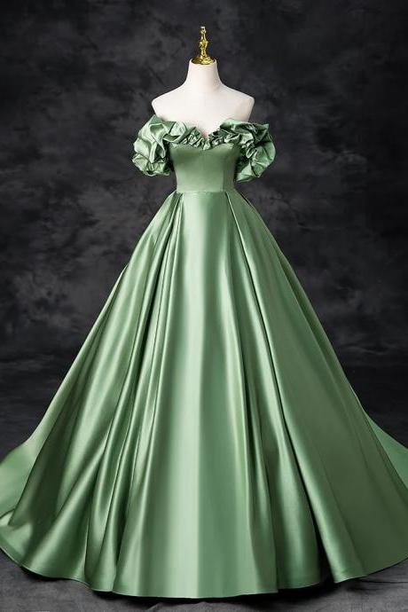 Majestic Sage Green Satin Ball Gown With Puffed Sleeves