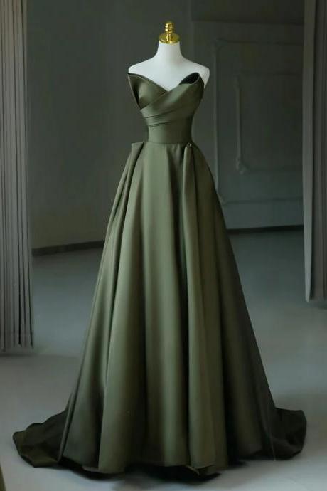 Elegant A-line V Neck Satin Dark Green Long Prom Dresses