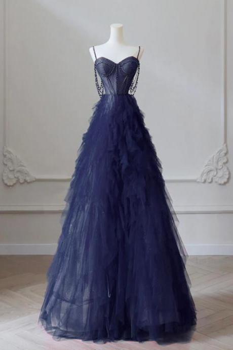 A-line Sweetheart Tulle Dark Blue Long Prom Dress With Beads