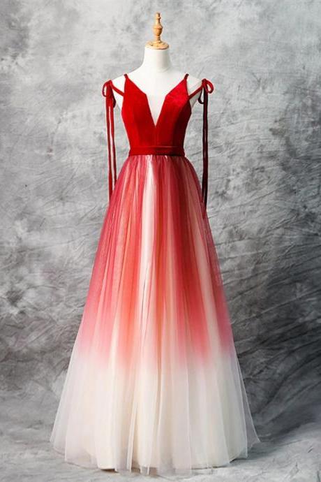 Amazing A-line Straps Red Velvet Tulle Long Prom Dresses