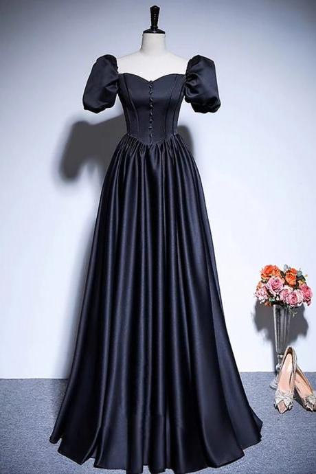 Floor Length A-line Satin Puff Sleeves Black Long Prom Dresses