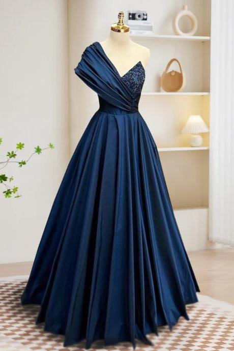 One Shoulder Floor Length Beads Dark Blue Satin Long Prom Dress With Beading