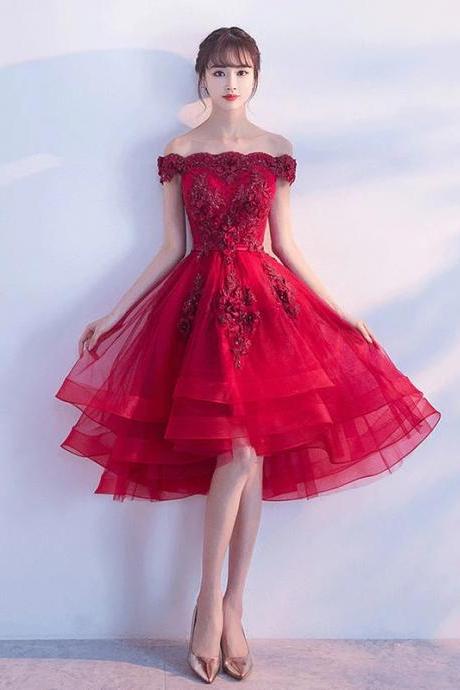 Cute Off Shoulder Burgundy Tulle Short Prom Dress With Lace