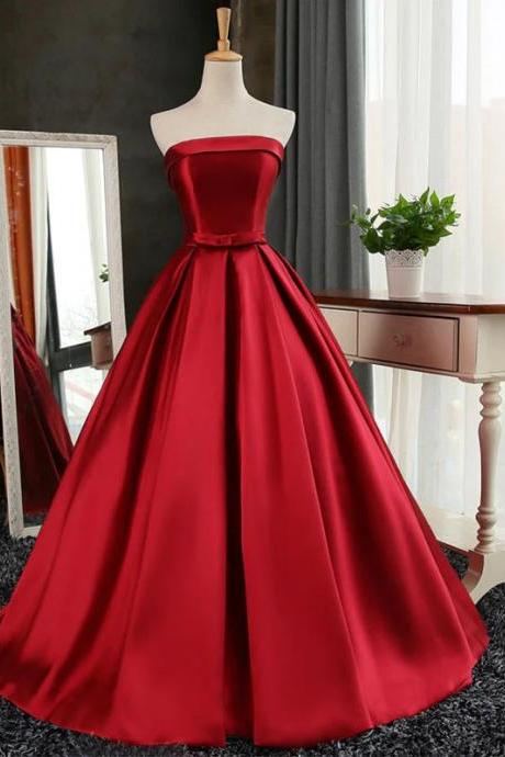 Simple Strapless Mermaid Burgundy Satin Long Prom Evening Dress