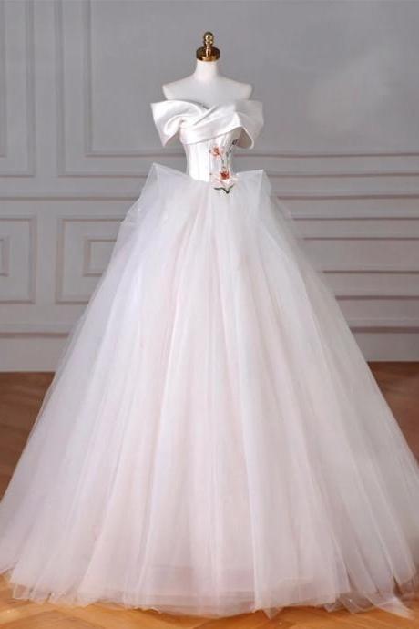Princess Off Shoulder Tulle Beige Long Prom Dress With Flower