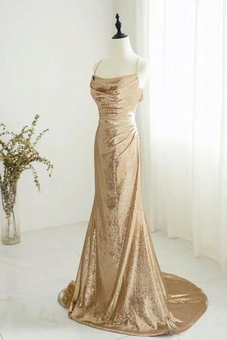 Sheath Champagne Backless Sequin Long Evening Dresses