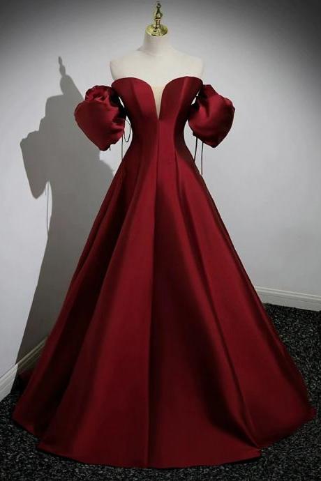 Off Shoulder A-line Satin Burgundy Long Prom Dresses With Puff Sleeves