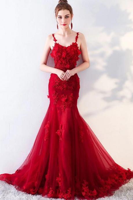 Mermaid Straps Burgundy A Line Long Prom Dresses With Lace