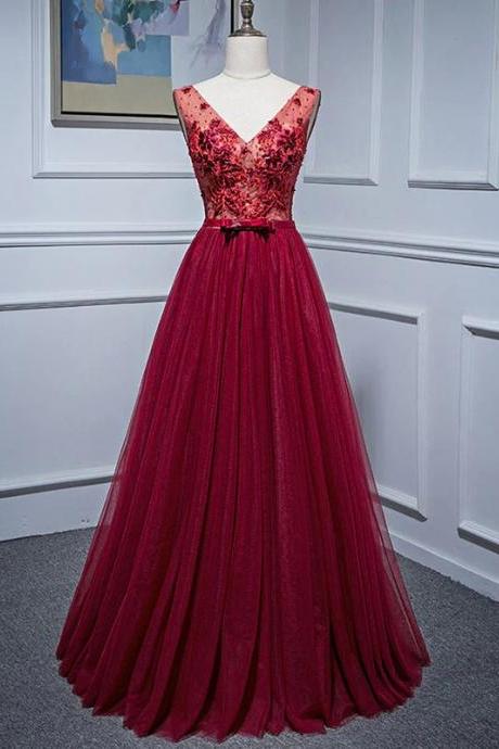 Floor Length A Line Burgundy V Neck Tulle Lace Long Prom Dress With Beading