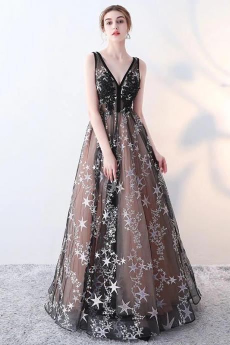 Beautiful Black V Neck Star Long Prom Dress, Black Evening Dress