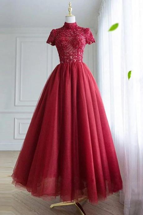 Vintage Sequin Long Burgundy Tulle Prom Dresses