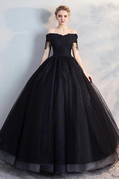 Ball Gown Off Shoulder Black Lace Tulle Prom Dresses