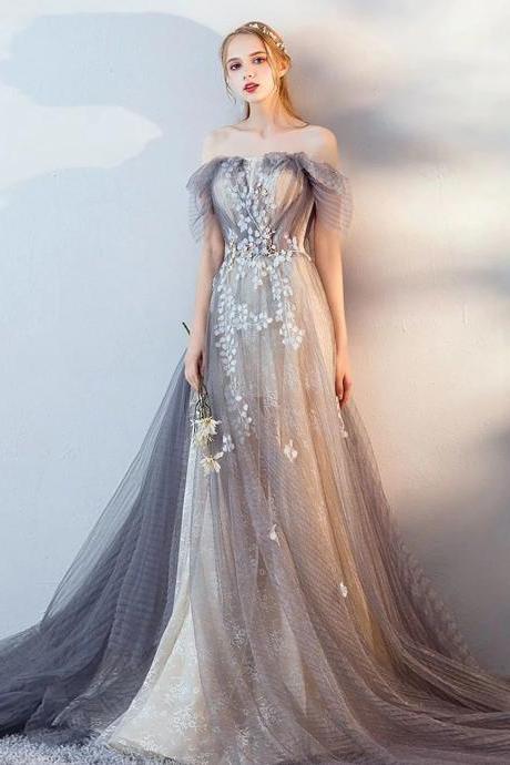 Amazing Princess Gray Tulle Lace Long Prom Evening Dresses