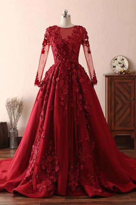 Round Neck Burgundy Lace Satin Long Sleeves Prom Dresses