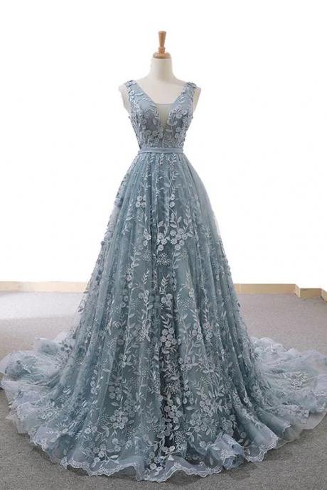 Mermaid Gray Blue V Neck Tulle Lace Prom Dresses