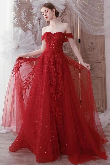 Elegant Princess Lace Off Shoulder Burgundy Tulle Prom Dresses