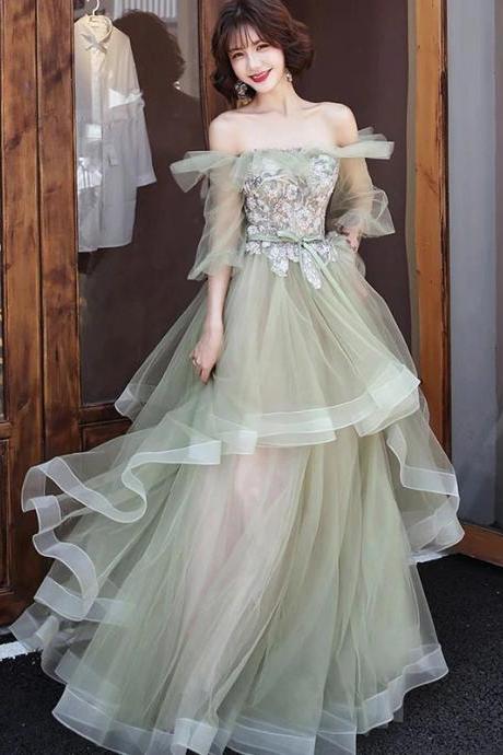 Pretty Off Shoulder Green Tulle Long Prom Dress With Lace