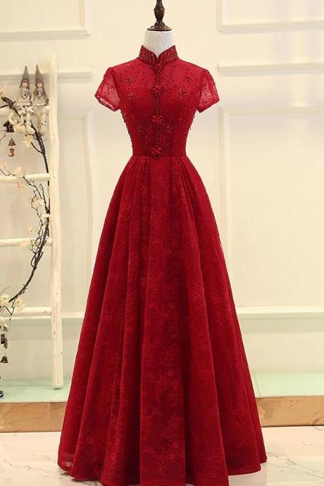 Burgundy High Neck Lace Long Prom Dress With Beading