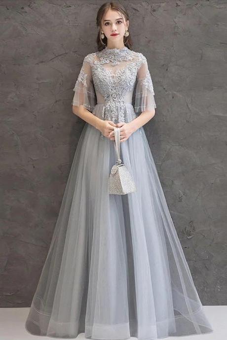 A Line Tulle Long Gray Lace Party Dresses