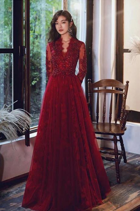 Beautiful A Line Burgundy V Neck Lace Tulle Long Sleeves Prom Dresses