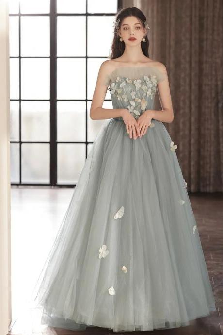 Strapless Gray A Line Tulle Long Prom Dress With Flowers