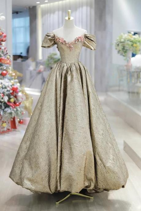 Vintage Satin Off Shoulder V-neck Long Prom Dress With Flowers