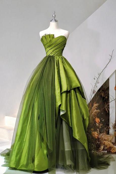 Amazing A-line Strapless Green Satin Tulle Sweep Train Prom Dresses