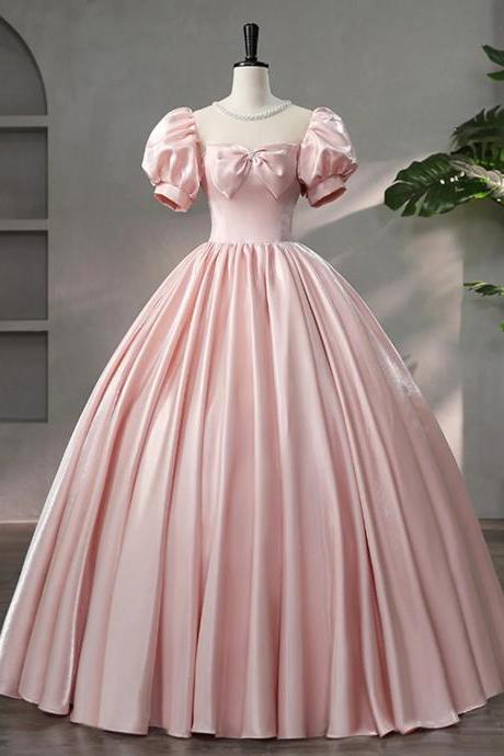 Floor Length Pink Scoop Neck Satin Prom Dress