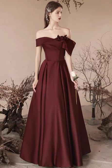Beautiful A Line Off The Shoulder Wine Red Satin Long Prom Dresses