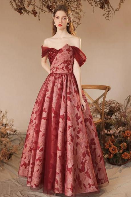 A Line Burgundy Printing Floor Length Prom Dress With Beading