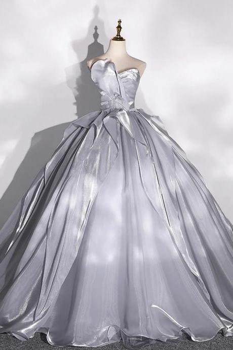 A-line Gray Strapless Tulle Long Ball Gown Evening Dresses