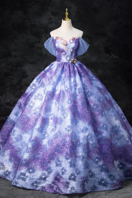 Dreamy Colorful Off The Shoulder A-line Princess Purple/blue Prom Dress With Flowers