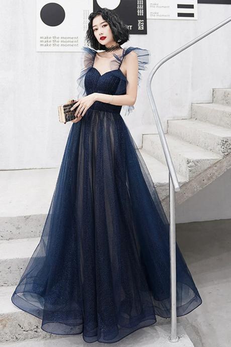 Floor Length A-line Navy Blue Tulle Long Prom Evening Dresses