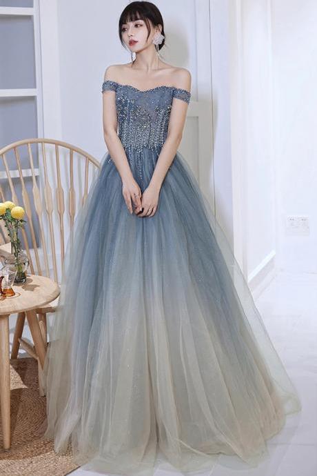A Line Blue Gradient Beaded Tulle Long Formal Dresses
