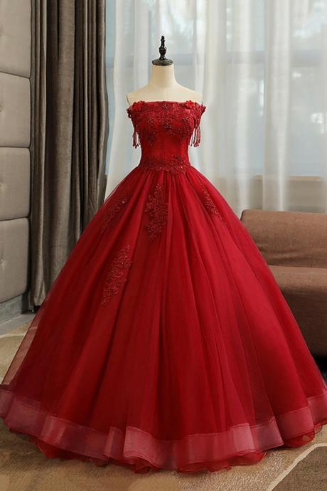 A-line Burgundy Lace Elegant Red Off-shoulder Ball Gown