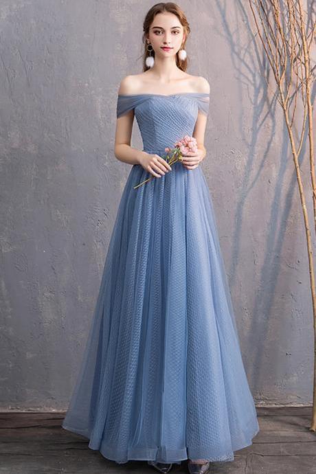 A-line Blue Tulle Long Bridesmaid Dresses